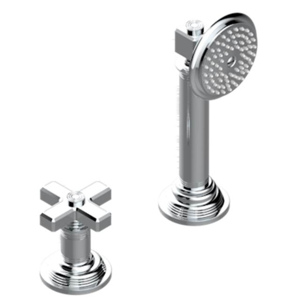 Deck mounted mixer with handshower, progressive cartridge