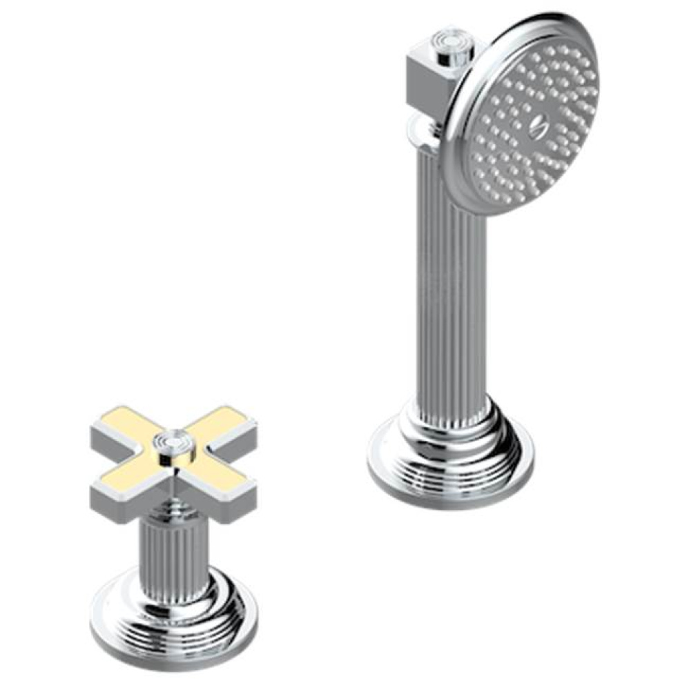 Deck mounted mixer with handshower, progressive cartridge