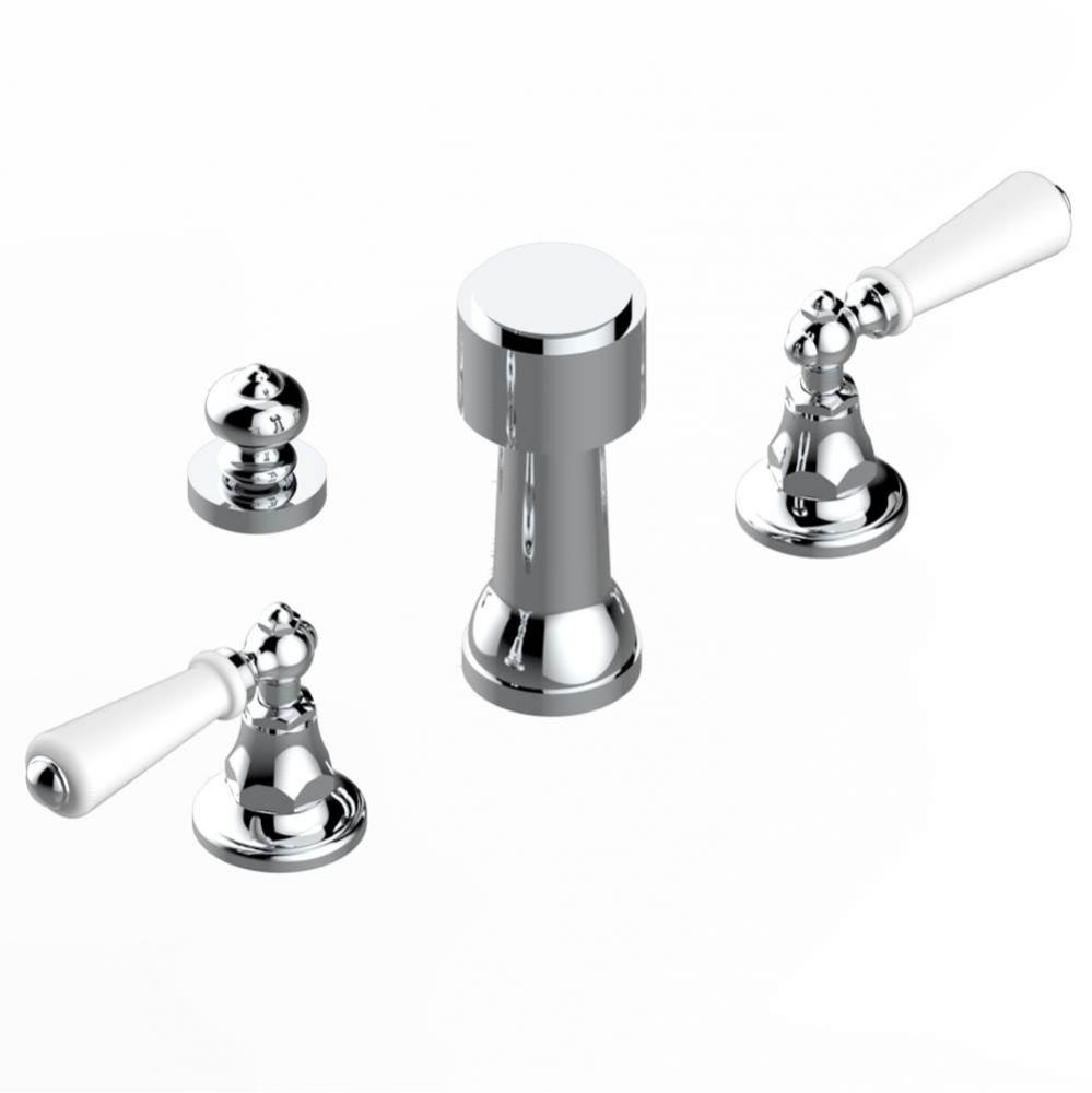 Deck mounted 3-hole bidet with vertical spray, vacuum breaker and drain