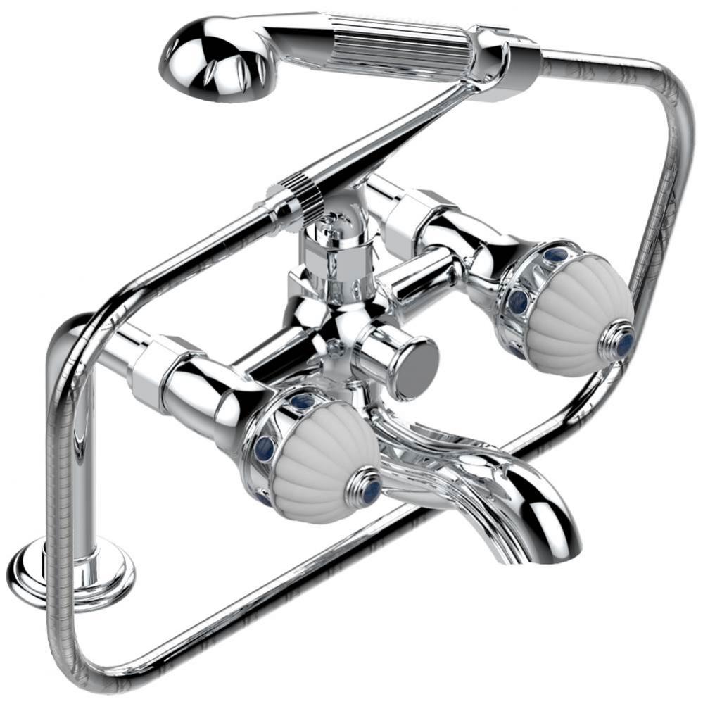 Exposed tub filler with cradle handshower, deck mounted