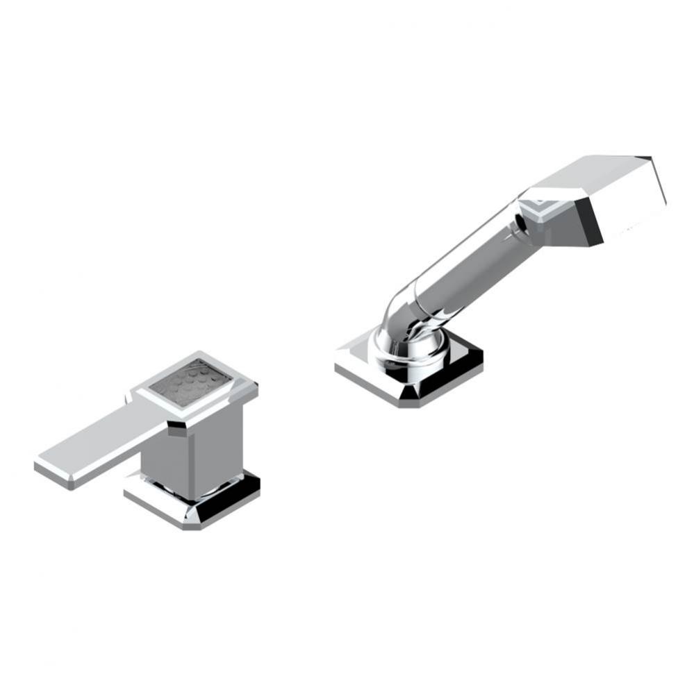 Deck mounted mixer with handshower, progressive cartridge