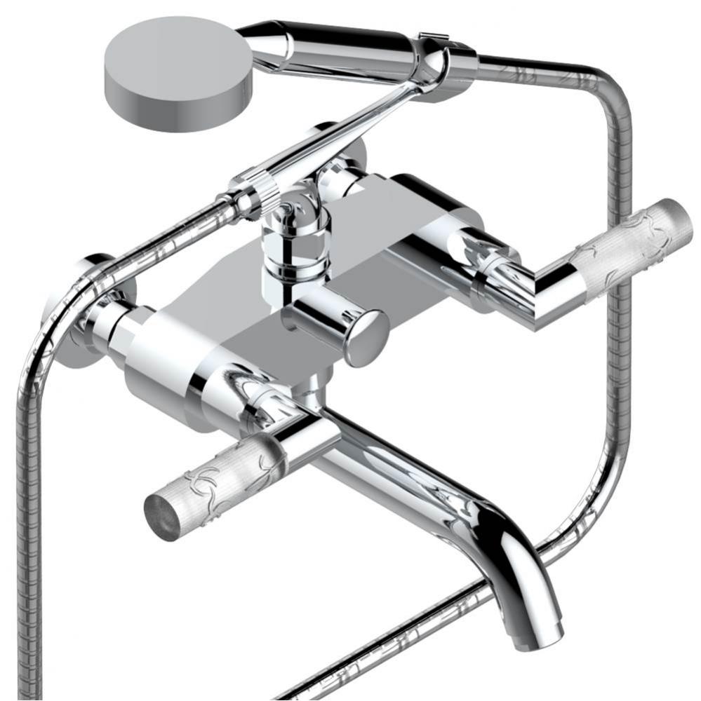 Exposed tub filler with cradle handshower, wall mounted