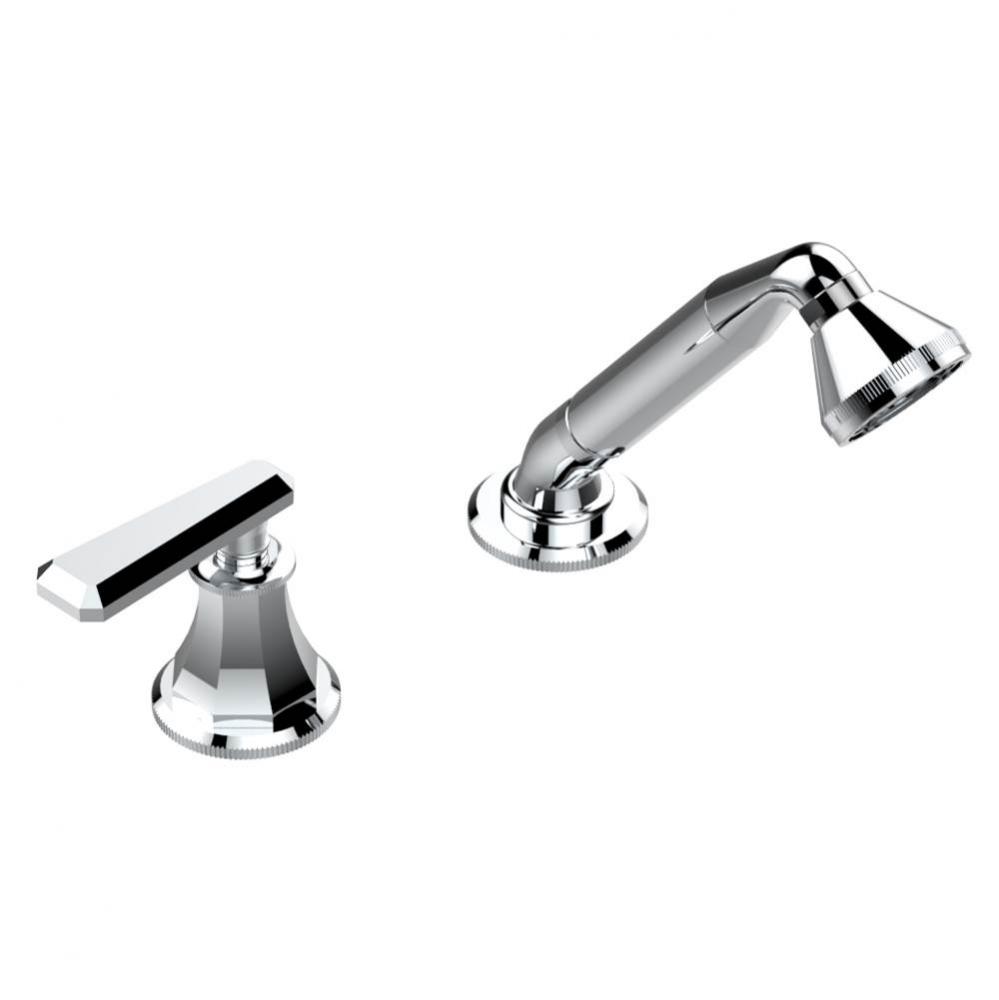 Deck mounted mixer with handshower, progressive cartridge