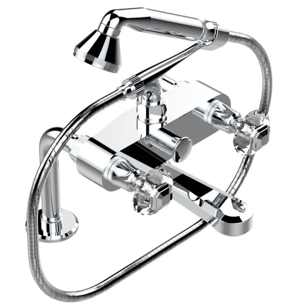 Exposed tub filler with cradle handshower, deck mounted