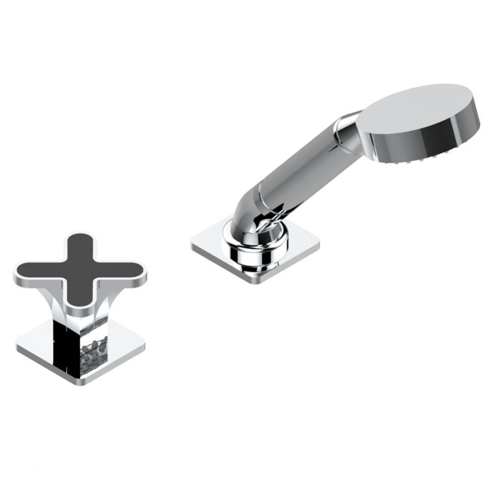 Deck mounted mixer with handshower, progressive cartridge