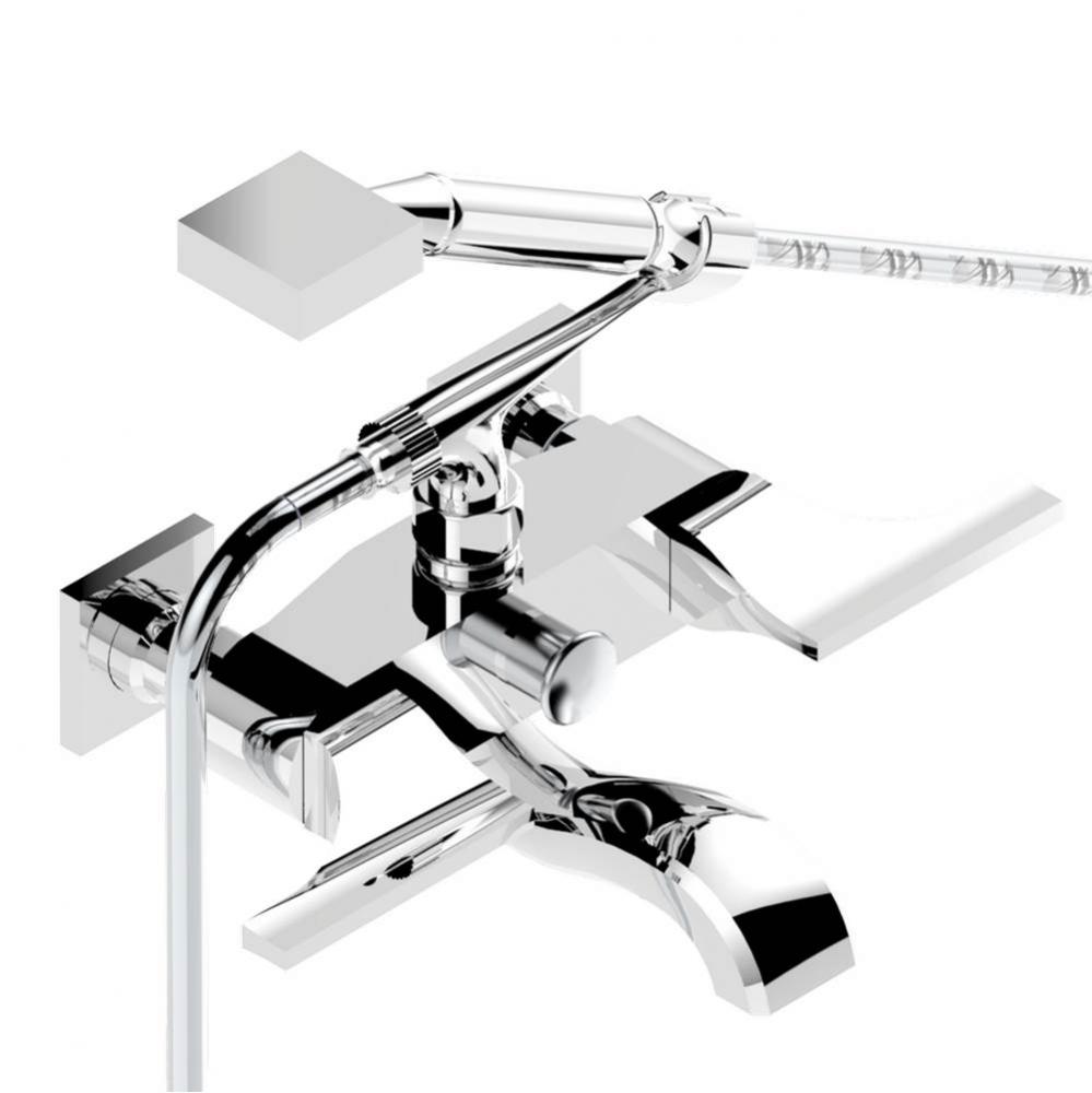 Exposed tub filler with cradle handshower, wall mounted