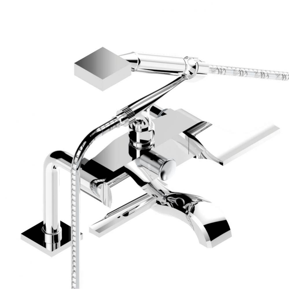 Exposed tub filler with cradle handshower, deck mounted