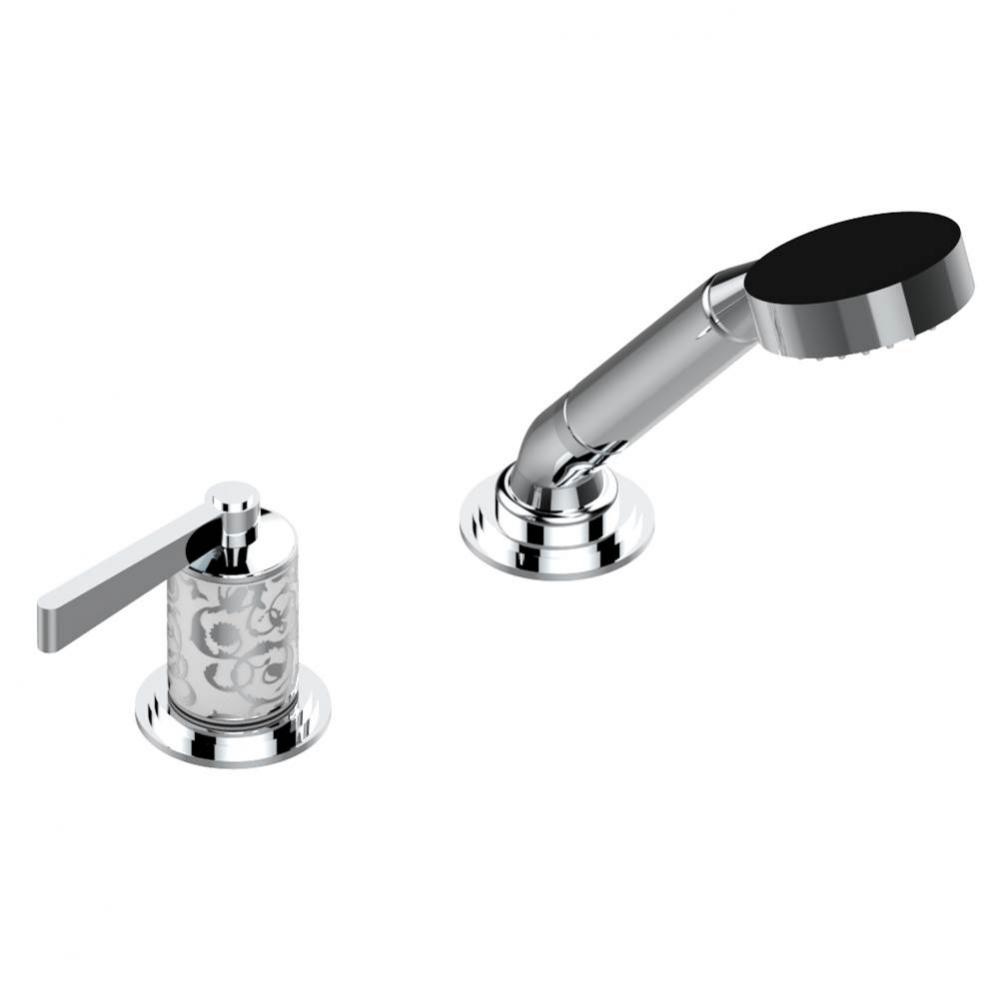 Deck mounted mixer with handshower, progressive cartridge