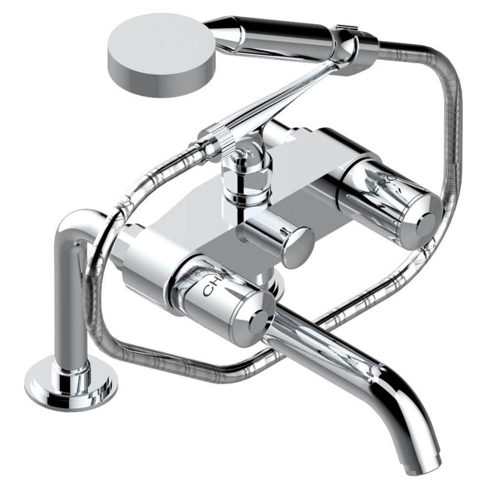 Exposed tub filler with cradle handshower, deck mounted