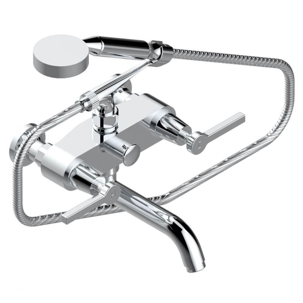 Exposed tub filler with cradle handshower, wall mounted