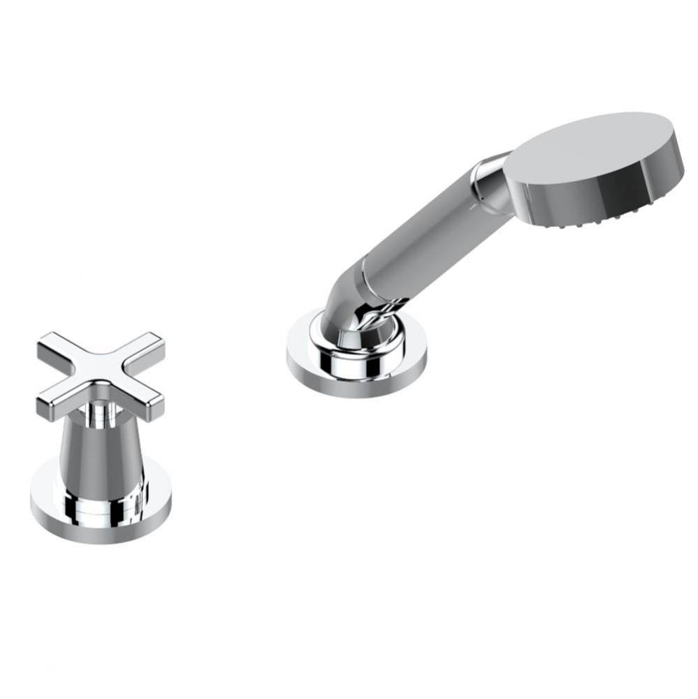 Deck mounted mixer with handshower, progressive cartridge