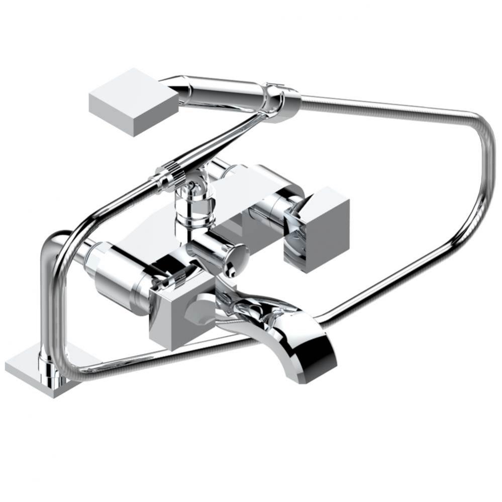 Exposed tub filler with cradle handshower, deck mounted