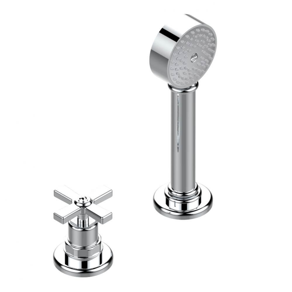 Deck mounted mixer with handshower, progressive cartridge