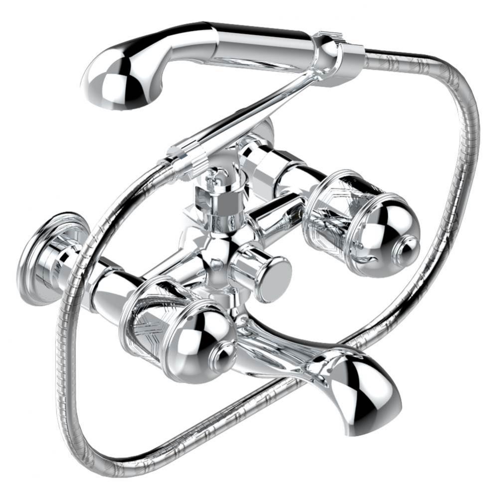 Exposed tub filler with cradle handshower, wall mounted