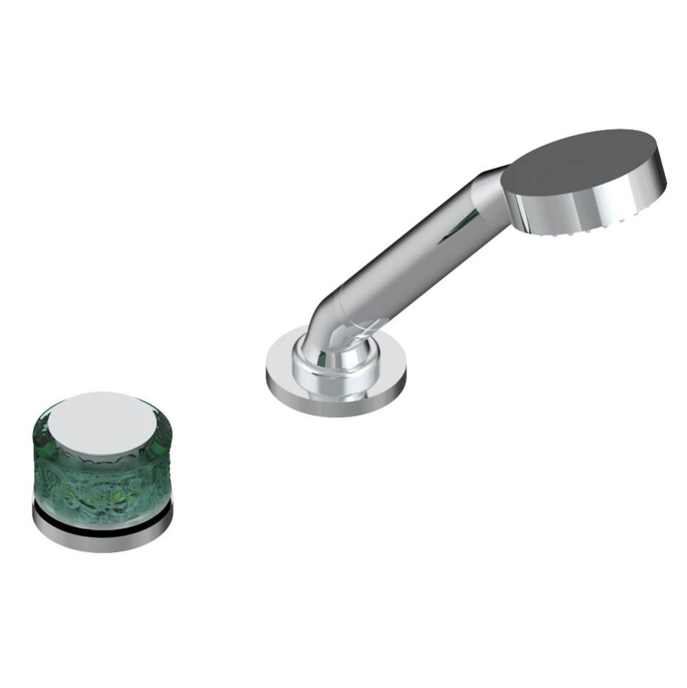 Deck mounted mixer with handshower, progressive cartridge