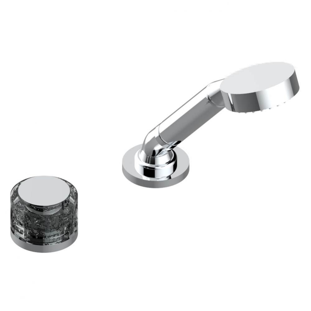 Deck mounted mixer with handshower, progressive cartridge