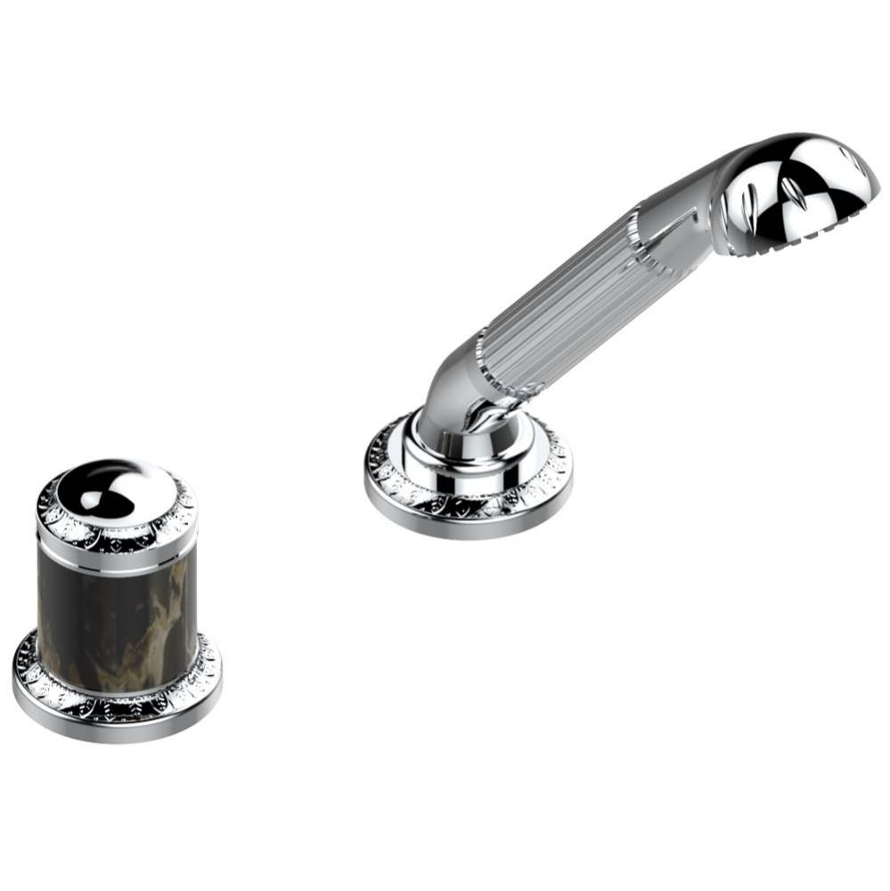 Deck mounted mixer with handshower, progressive cartridge