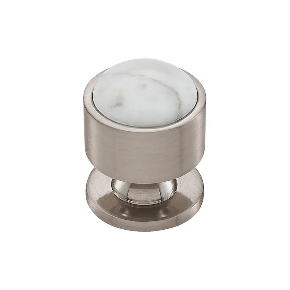 FireSky Carrara White Knob 1 1/8 Inch Brushed Satin Nickel Base