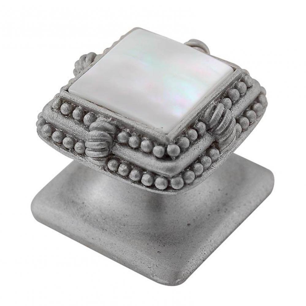 Gioiello, Knob, Small, Square, Stone Insert, Style 3, Mother of Pearl, Satin Nickel