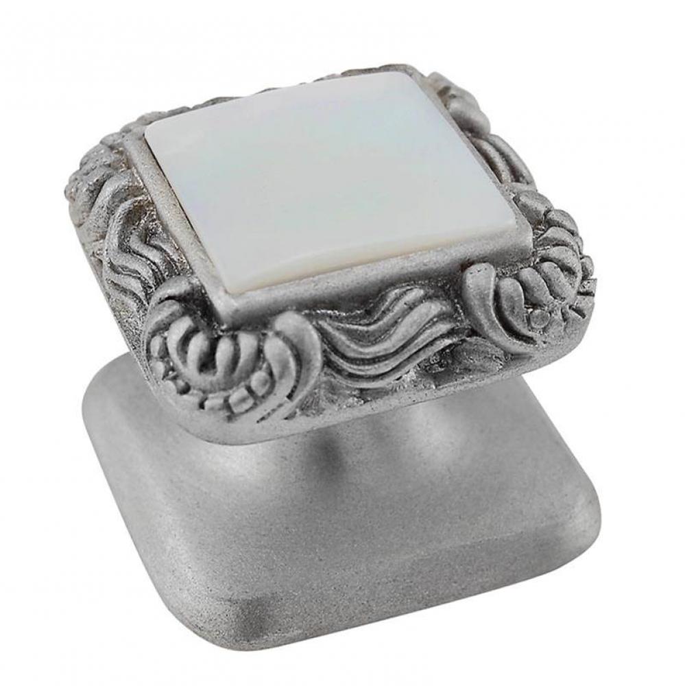 Gioiello, Knob, Small, Square, Stone Insert, Style 6, Mother of Pearl, Satin Nickel