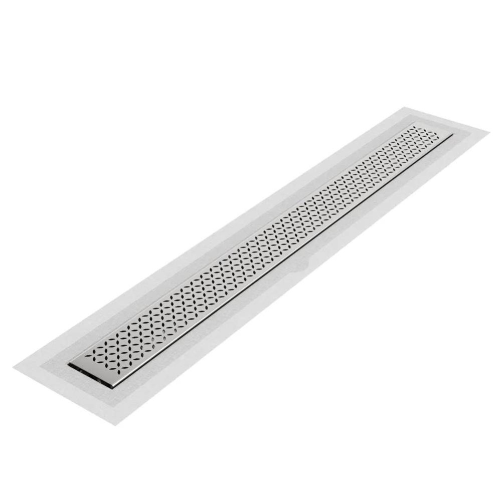 Delmar Series. 28'' Standard length Flange Edge linear drain. Lotus Line. Satin