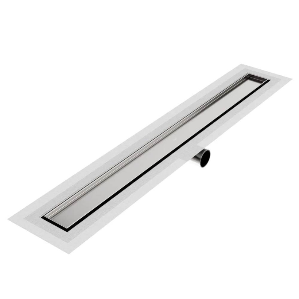 Delmar Series. 48'' Standard length Side Outlet linear drain. Mist (Tile-in) Line. Satin