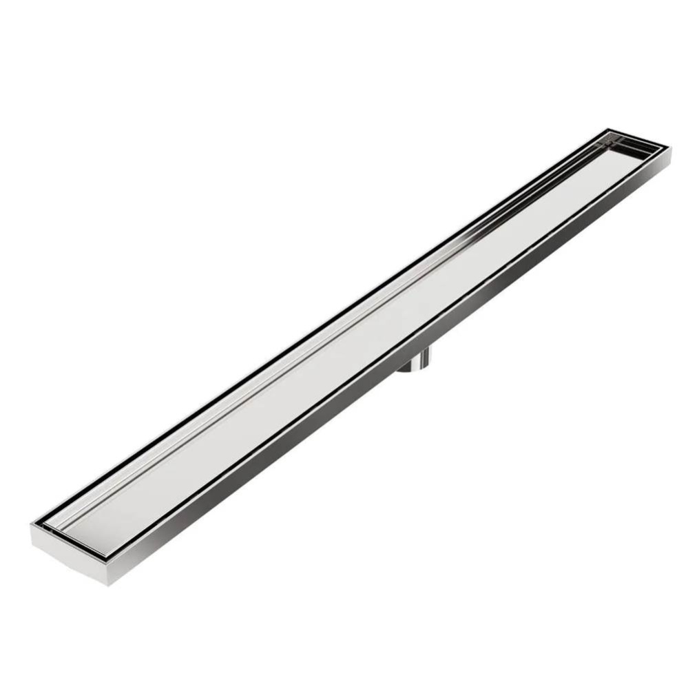Delmar Series. 58'' Standard length Plain Edge linear drain. Mist (Tile-in) Line. Satin