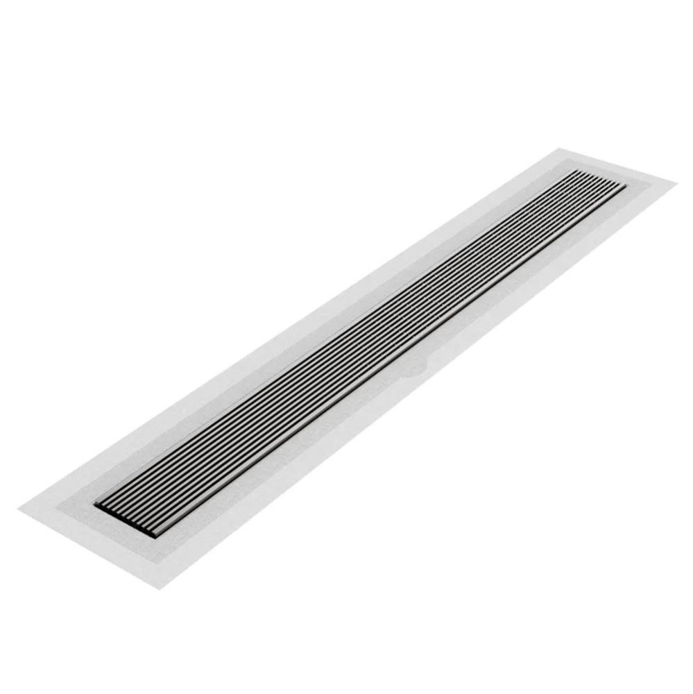 Delmar Series. 58'' Standard length Flange Edge linear drain. Wedgewire Line. Satin