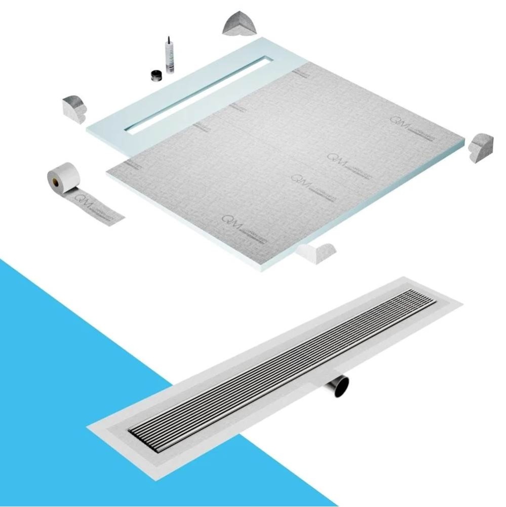 Shower Pan Curbless Kit 56'' with a 48'' Wedgewire Linear Drain Flange Edge Si