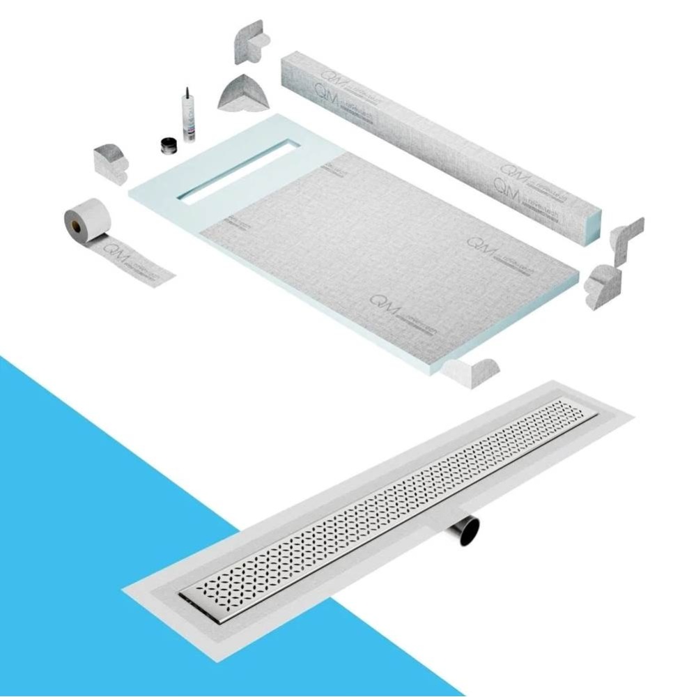 Shower Pan Kit 32'' with a 24'' Lotus Linear Drain Flange Edge Side Outlet in
