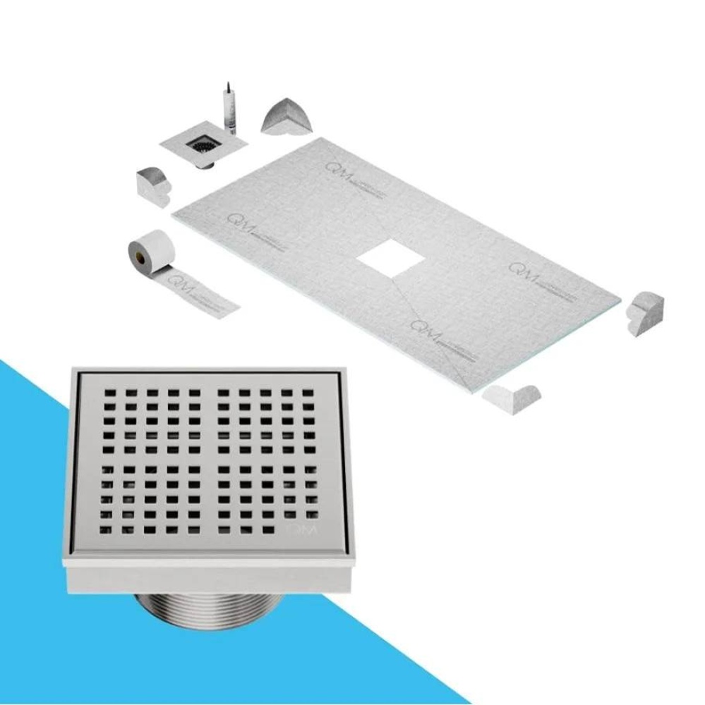 Curbless Center Shower Pan Kit 32'' x 63'' with 4'' Kai Square Drain