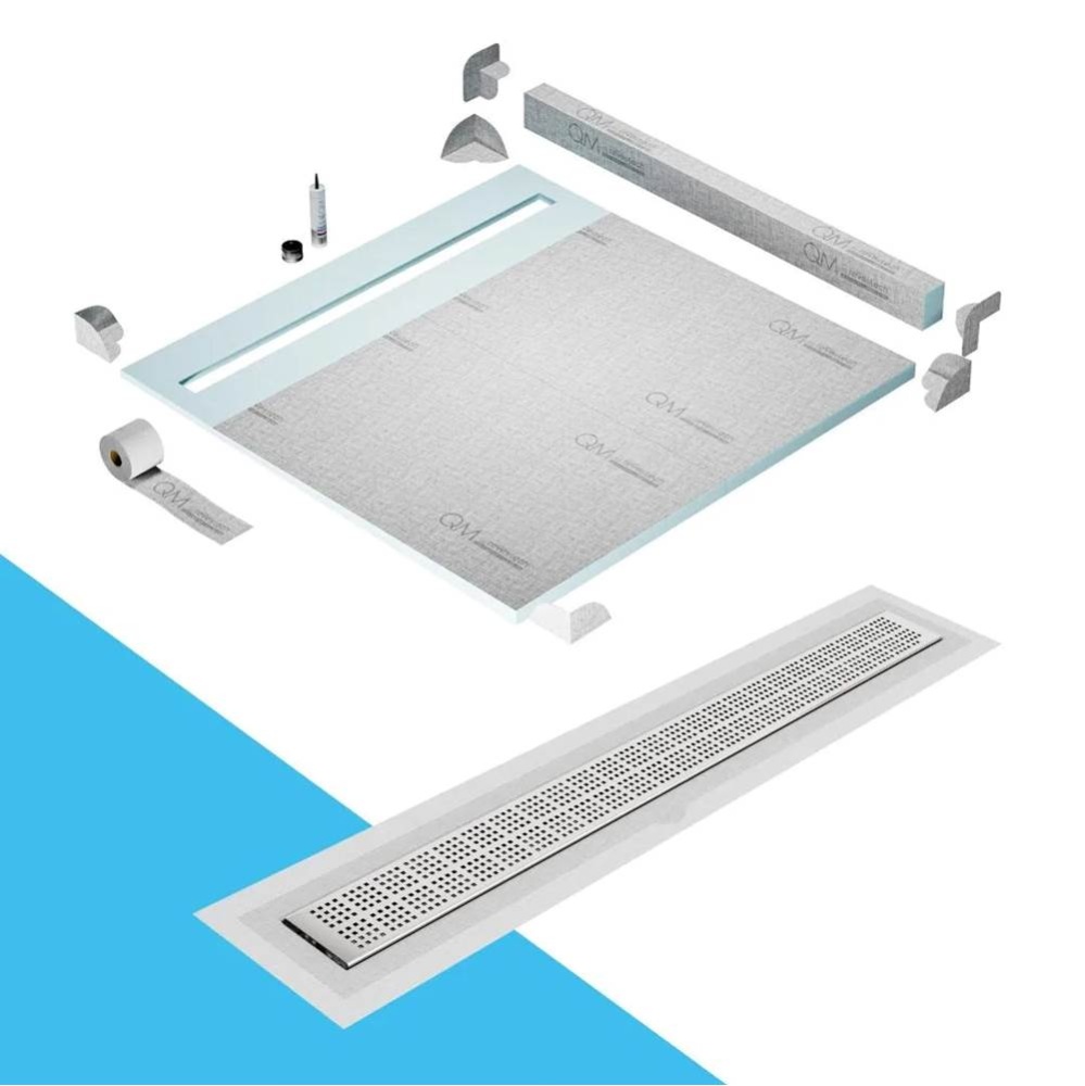 Shower Pan Kit 64'' with a 58'' Kai Linear Drain Flange Edge in Satin