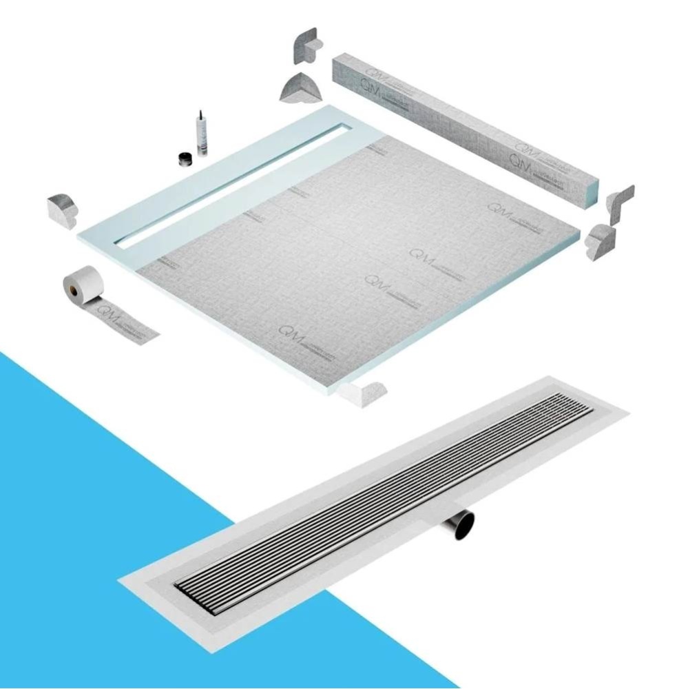 Shower Pan Kit 64'' with a 58'' Wedgewire Linear Drain Flange Edge Side Outlet