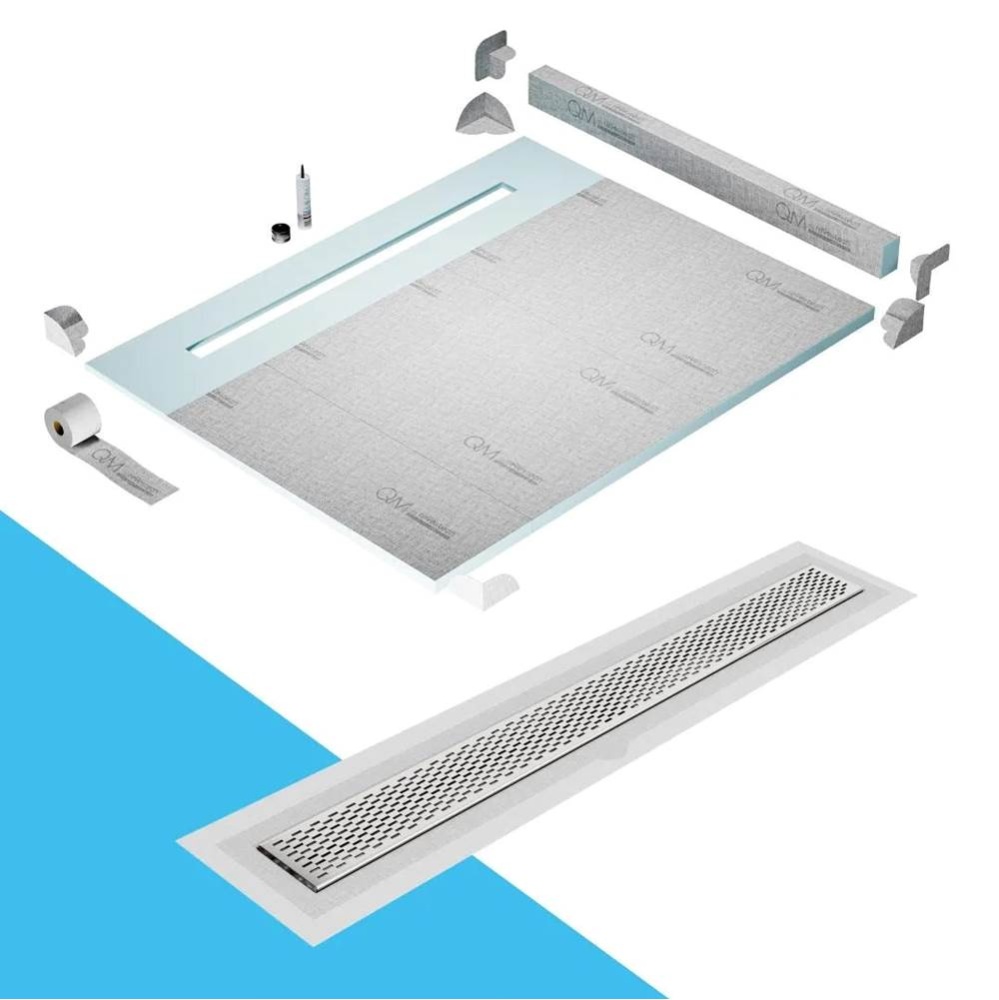 Shower Pan Kit 80'' with a 58'' Delta Linear Drain Flange Edge in Satin