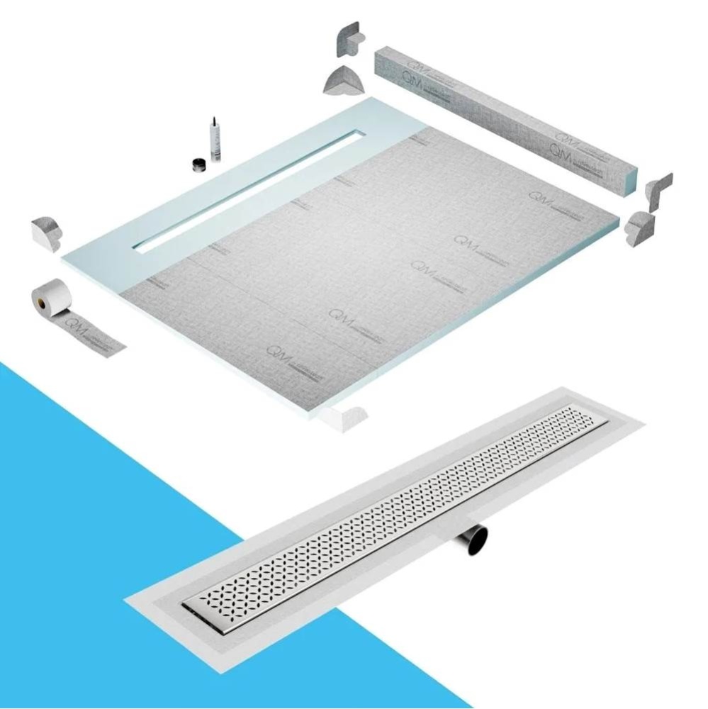 Shower Pan Kit 80'' with a 58'' Lotus Linear Drain Flange Edge Side Outlet in