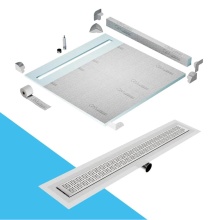 QM Drain SPC64.33.200.58FSO ST - Shower Pan Kit 64'' with a 58'' Kai Linear Drain Flange Edge Side Outlet in Sa