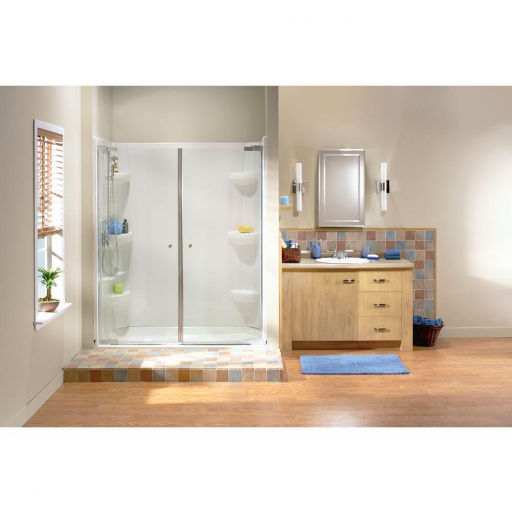 Kleara 2-panel 54.5-57.5 in. x 69 in. Pivot Alcove Shower Door with Mistelite Glass in Chrome