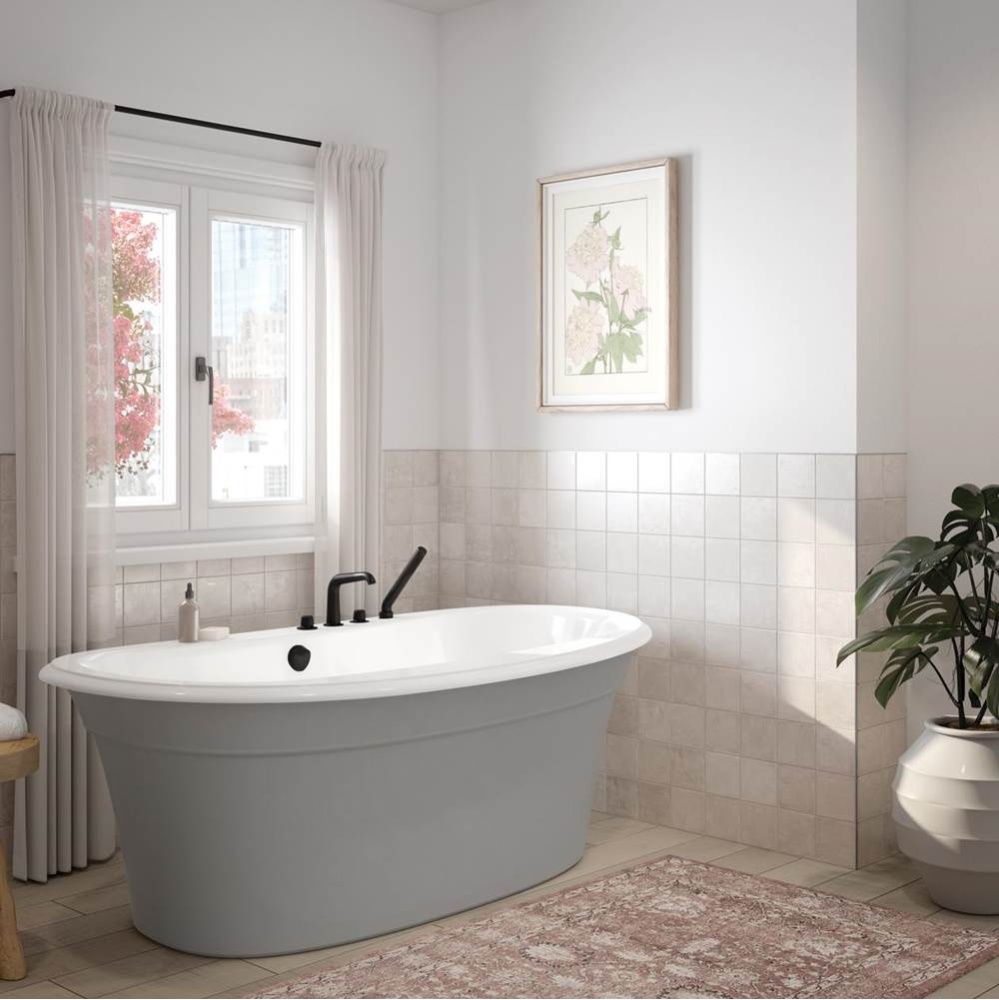 Ella Sleek 66 x 36 Acrylic Freestanding Center Drain Bathtub in White with Sterling Silver Skirt