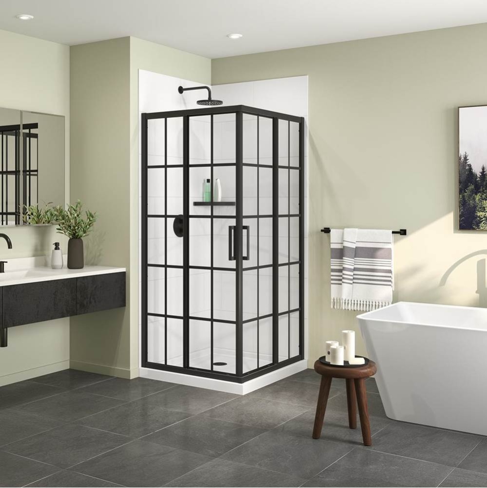 Scarlet 36 x 36 Acrylic Corner Drain Shower Kit in White with French Glass in Matte Black