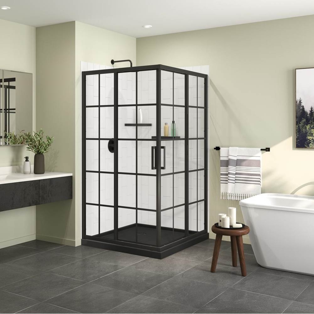 Scarlet 42 x 42 Acrylic Corner Drain Shower Kit in Black with French Glass in Matte Black
