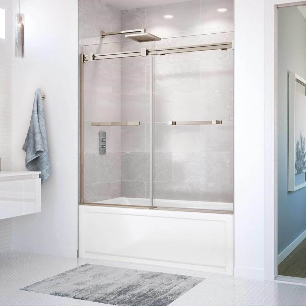 Duel 56-59 x 55.5-59 in. 8 mm Bypass Tub Door for Alcove Installation with Clear glass in Brushed