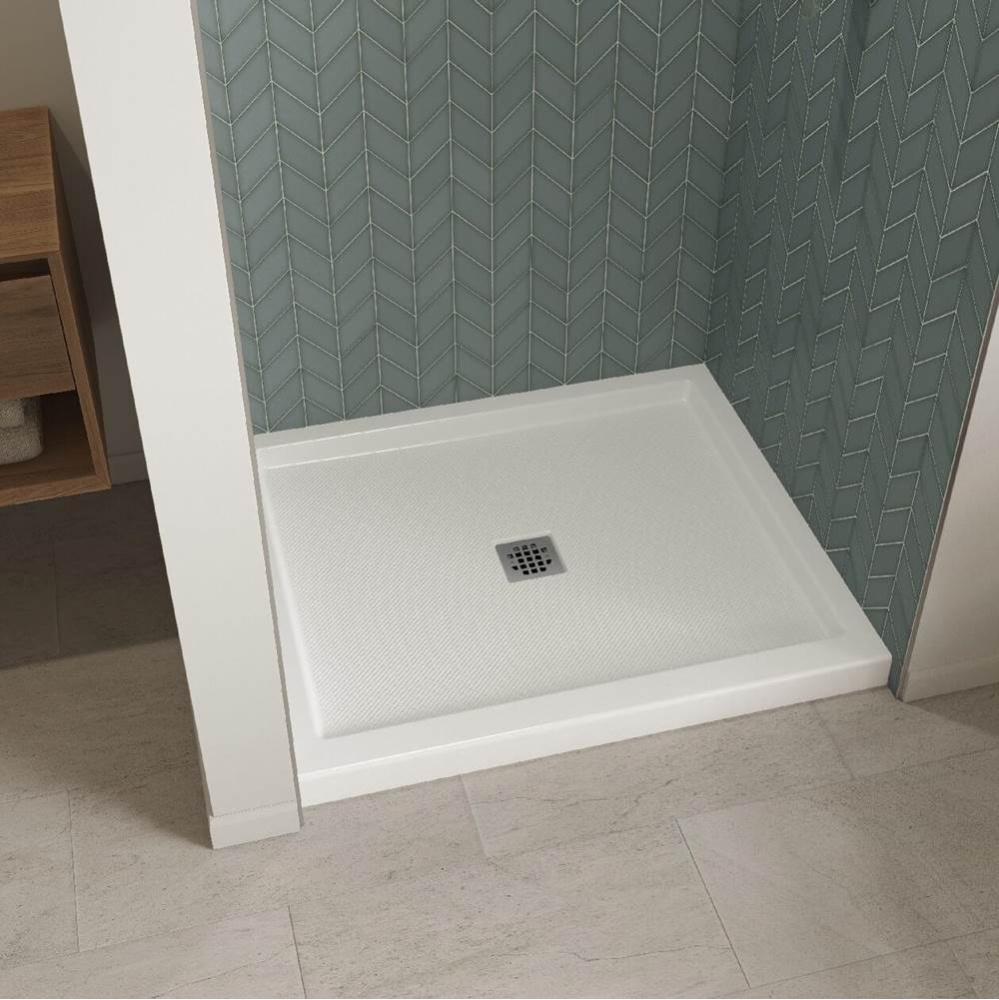 B3Square 4832 Acrylic Alcove Shower Base in White with Anti-slip Bottom with Center Drain