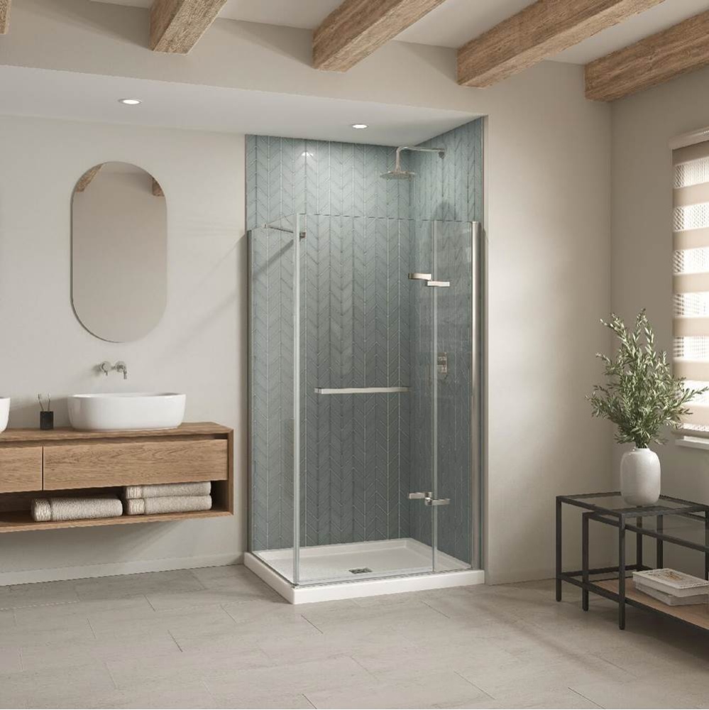 B3Square 4834 Acrylic Corner Right Shower Base in White with Anti-slip Bottom with Center Drain