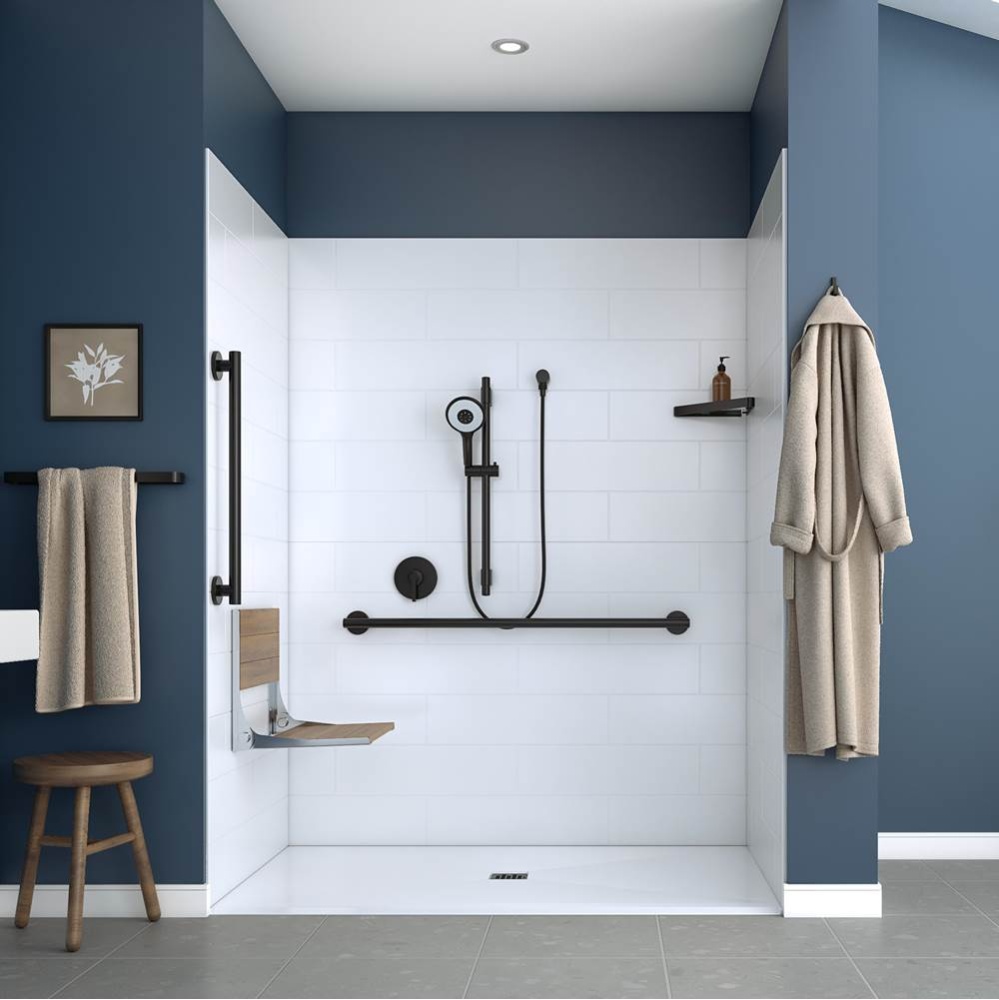 Acolyte 6238 Acrylic Alcove Shower Base in White with ABS Center Drain in Matte Black