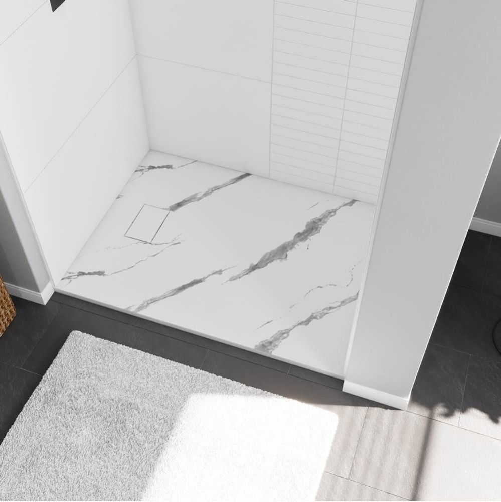 Stonea 4832 Solid Surface Universal Shower Base in White Marble with End Drain