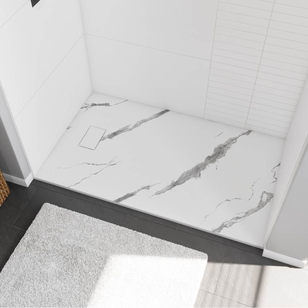 Stonea 6032 Solid Surface Universal Shower Base in White Marble with End Drain