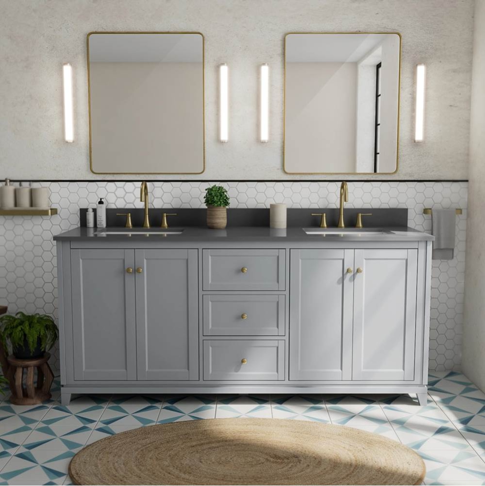 Vanuria 72 in. Freestanding Double Sink Vanity in Light Grey with Grey Quartz Top and Brushed Gold
