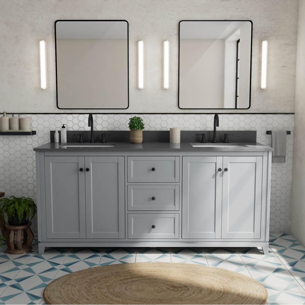 Vanuria 72 in. Freestanding Double Sink Vanity in Light Grey with Grey Quartz Top and Matte Black