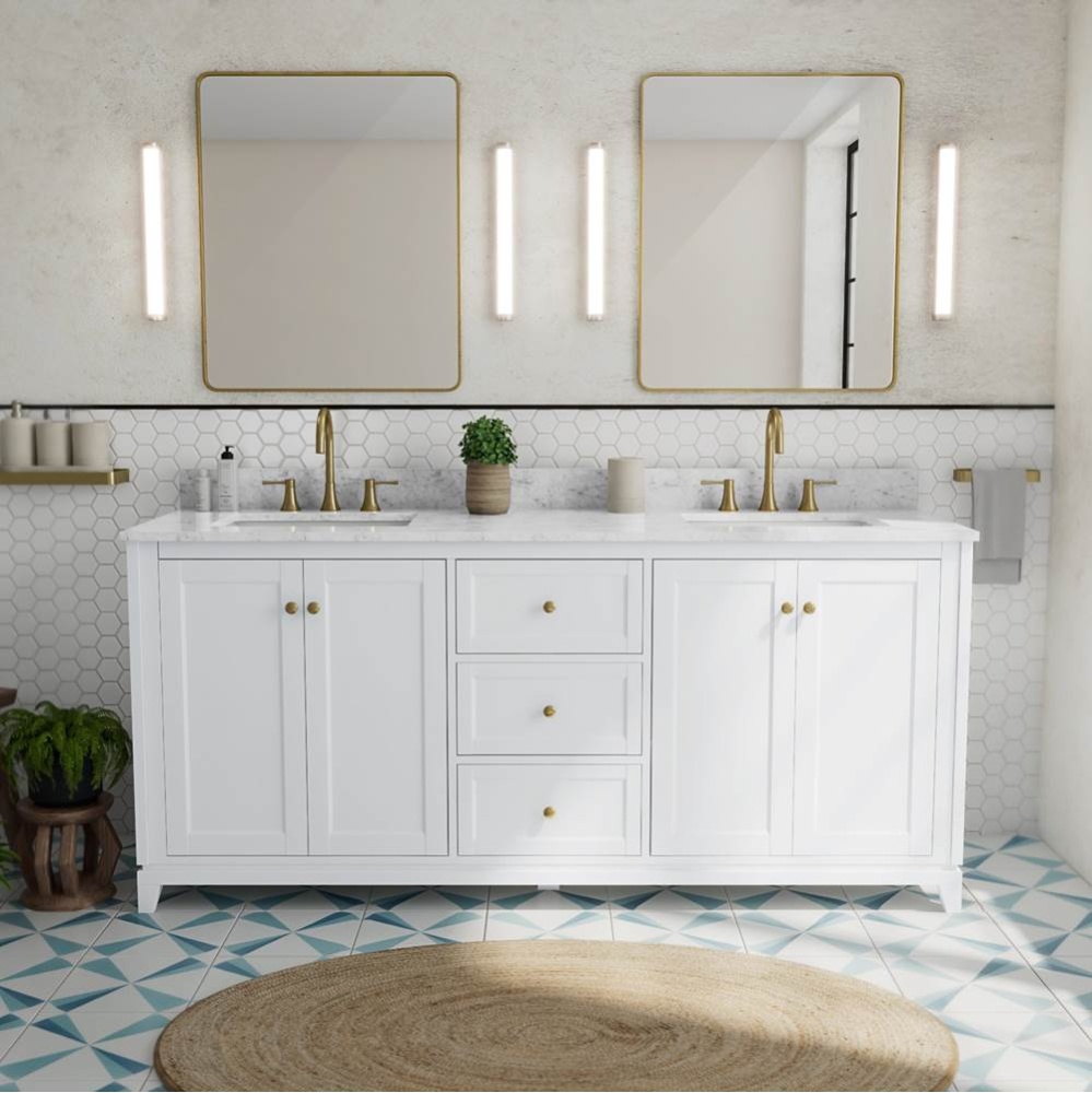 Vanuria 72 in. Freestanding Double Sink Vanity in White with White Marble Top and Brushed Gold Har