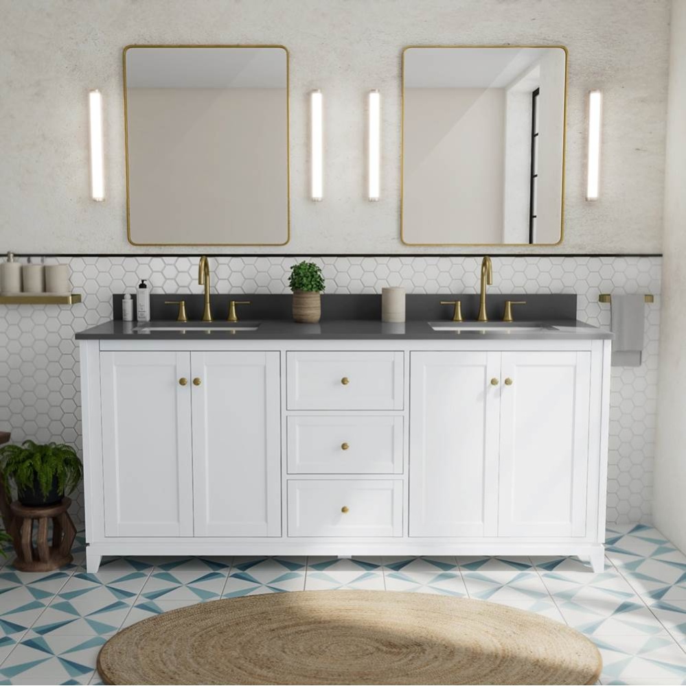 Vanuria 72 in. Freestanding Double Sink Vanity in White with Grey Quartz Top and Brushed Gold Hard